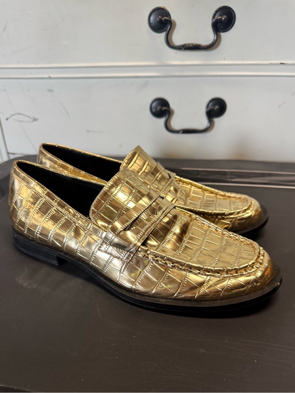 Zara Women's Gold Metallic Croc-Embossed Penny Loafers Size EU 39 US 8